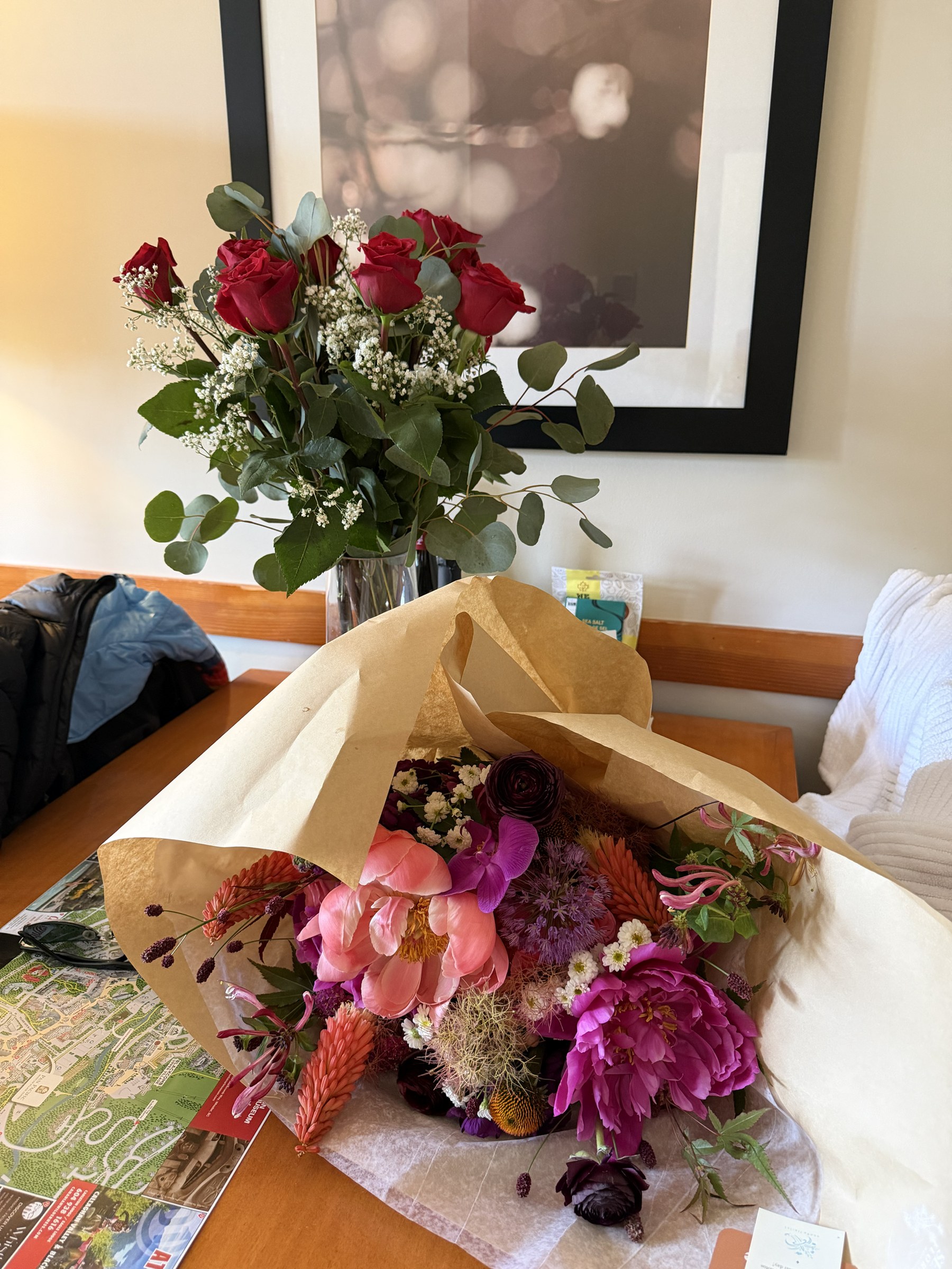 The colorful wedding bouquet resting on a table